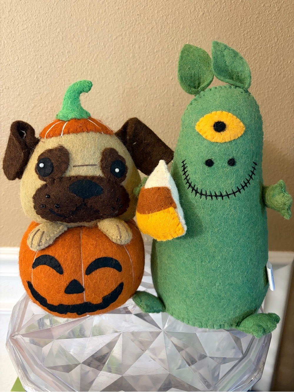 Wool Weighted Halloween Decor Pug Pumpkin Pup & Green Candy Corn Monster